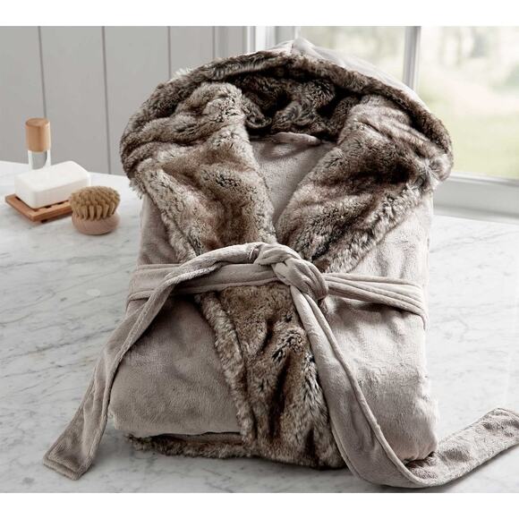 Pottery Barn Gray Caramel Small Faux Fur Robe Plush Tie Waist Hooded Cozy Lounge - Picture 10 of 10